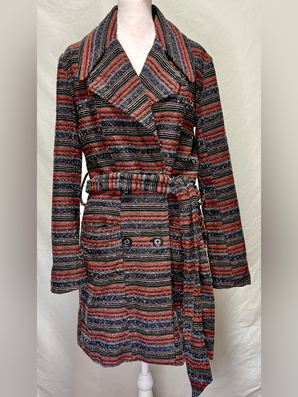 Jack by BB Dakota Striped Wool Blend Belted Wrap Coat Small
